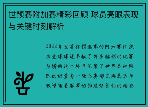 世预赛附加赛精彩回顾 球员亮眼表现与关键时刻解析