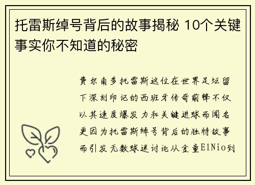 托雷斯绰号背后的故事揭秘 10个关键事实你不知道的秘密 托雷斯绰号背后的故事揭秘 10个关键事实你不知道的秘密